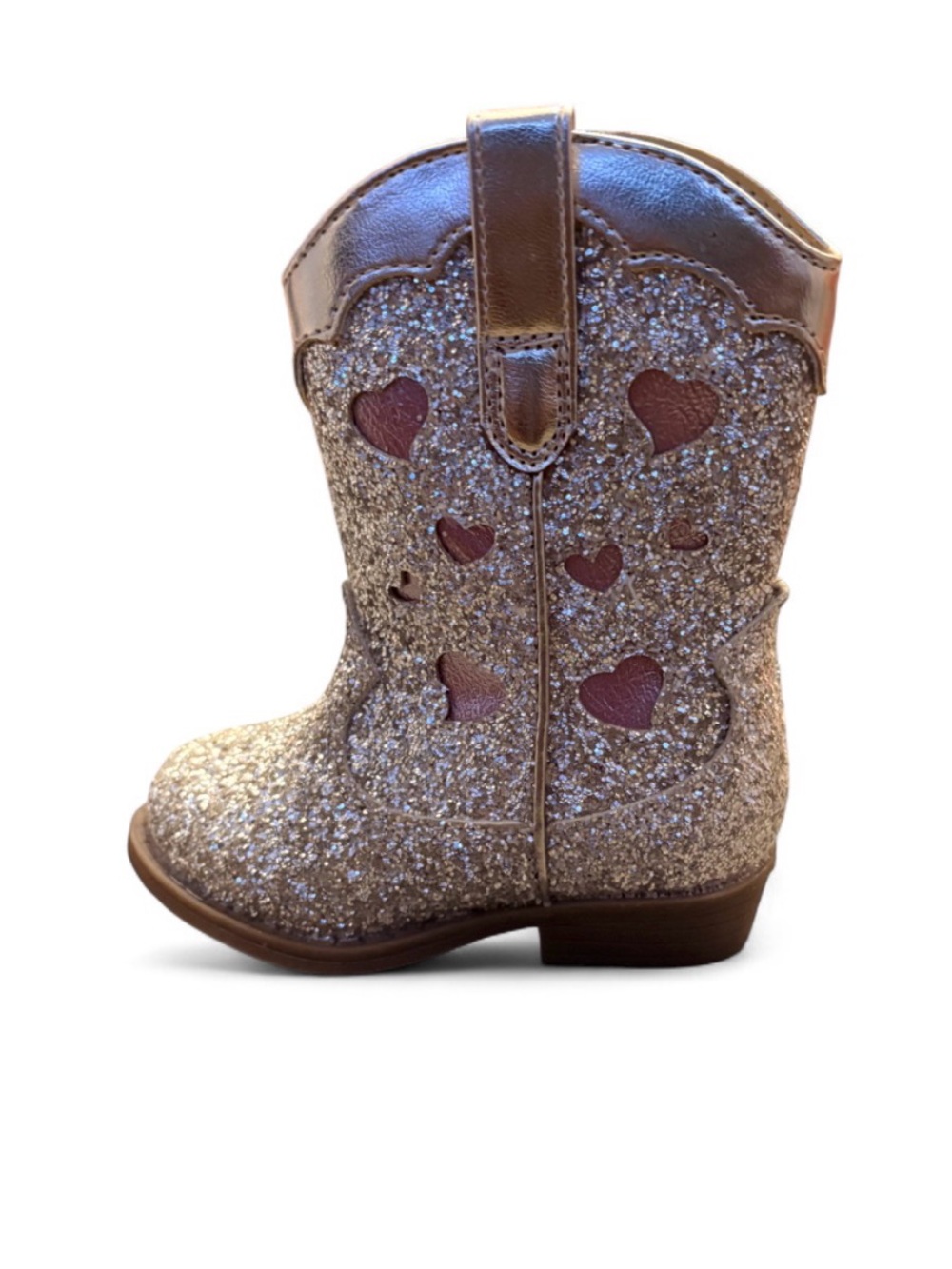 Cat & Jack Girls' Silver Glitter Cowboy Boots with Pink Heart Cutouts